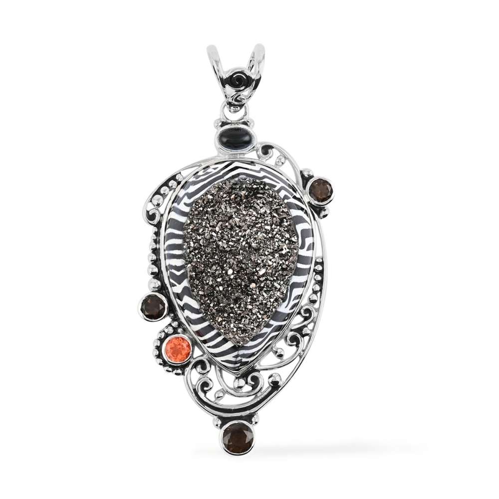 Window Drusy Astral Zebra Black Diamond Pendant in 925 Sterling Silver